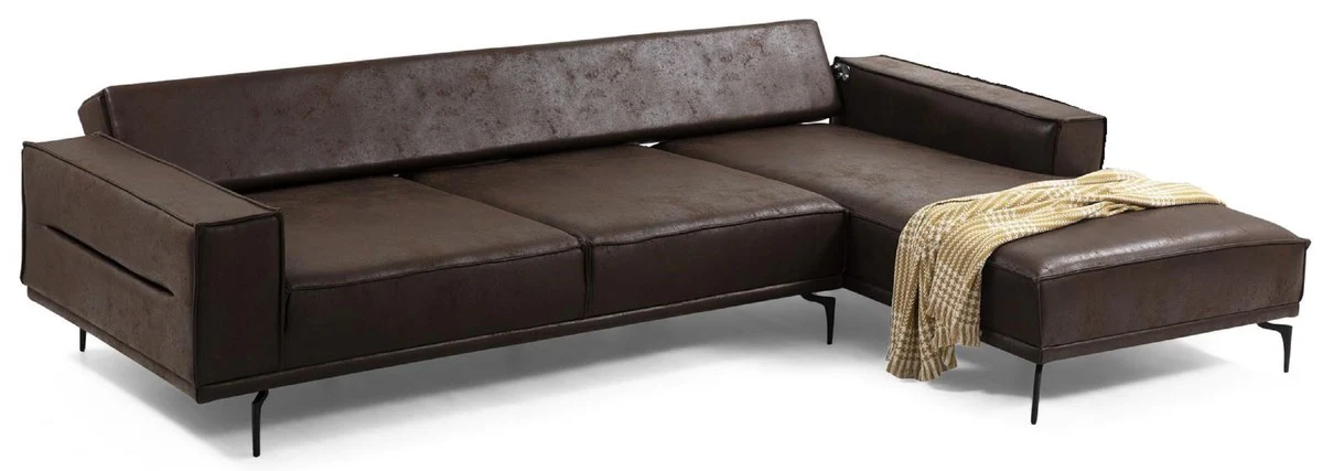 Luxus Ecksofa Braun / Schwarz 305 x 185 cm - Modernes Wohnzimmer Sofa mit Nubuk Kunstleder - Luxus Schlafsofa - Luxus Wohnzimmer Möbel
