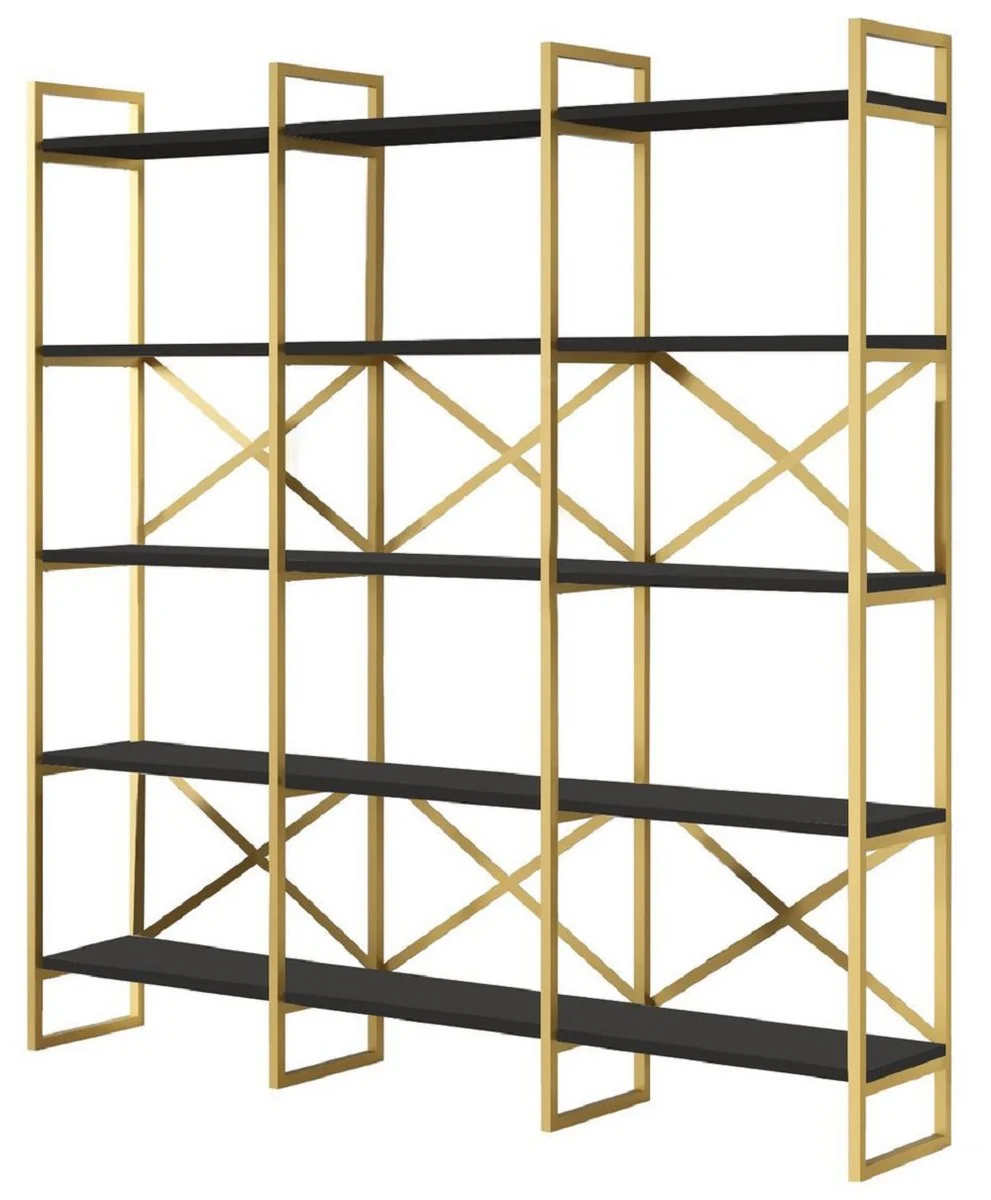 Luxus Regalschrank mit Massivholz Regalen Gold / Schwarz 170 x 30 x H. 175 cm - Bücherschrank - Wohnzimmer Schrank - Büro Schrank - Wohnzimmer Möbel - Büro Möbel - Luxus Möbel