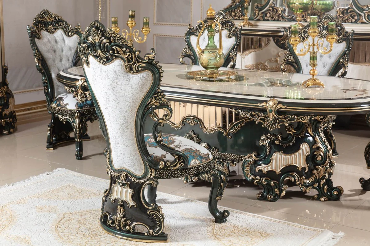 Luxus Barock Esszimmer Set Weiß / Grün / Gold - 1 Barock Esstisch & 6 Barock Esszimmerstühle - Barock Esszimmer Möbel - Luxus Möbel im Barockstil - Edel & Prunkvoll - Luxus Qualität