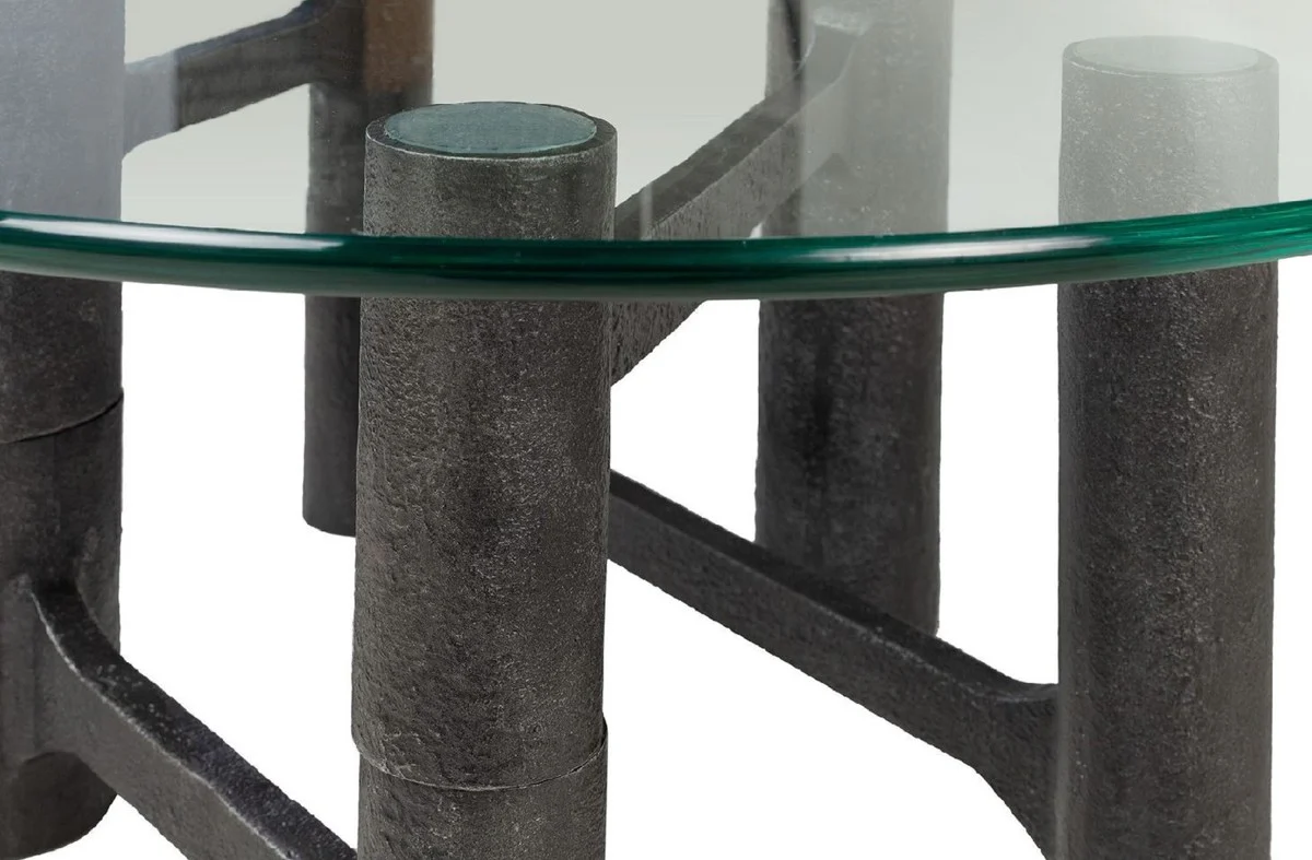 Luxus Couchtisch Antik Schwarz Ø 75 x H. 35,5 cm - Runder Aluminium Wohnzimmertisch mit Glasplatte - Wohnzimmer Möbel - Luxus Möbel - Luxus Einrichtung