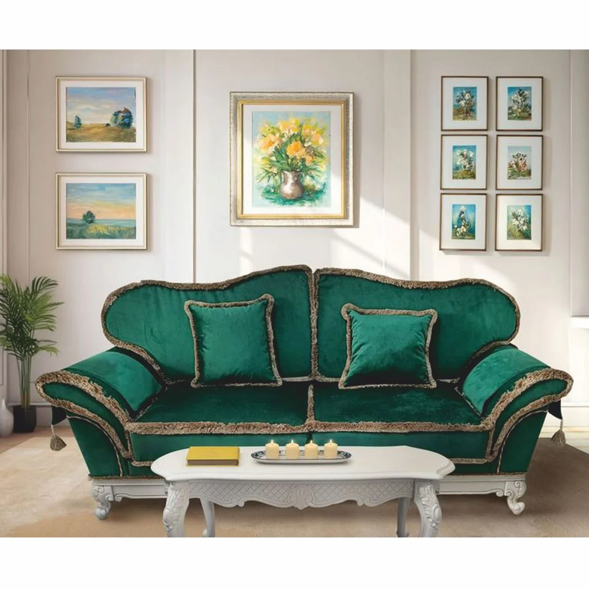 Luxus Barock Samt Sofa Grün / Weiß 210 cm - Barockstil Wohnzimmer Möbel