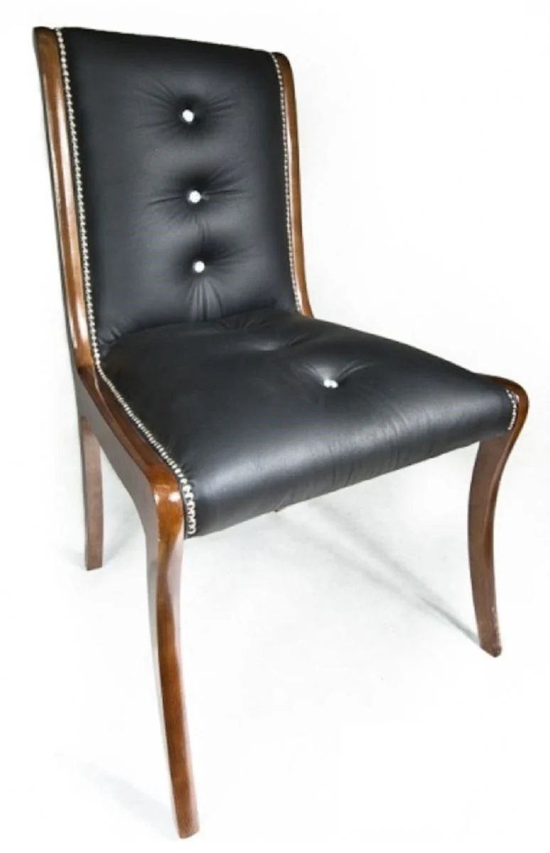 Luxus Leder Esszimmer Stuhl 4er Set mit Glitzersteinen Schwarz / Braun 50 x 47 x H. 95 cm - Echtleder Küchenstühle - Echtleder Möbel - Luxus Möbel