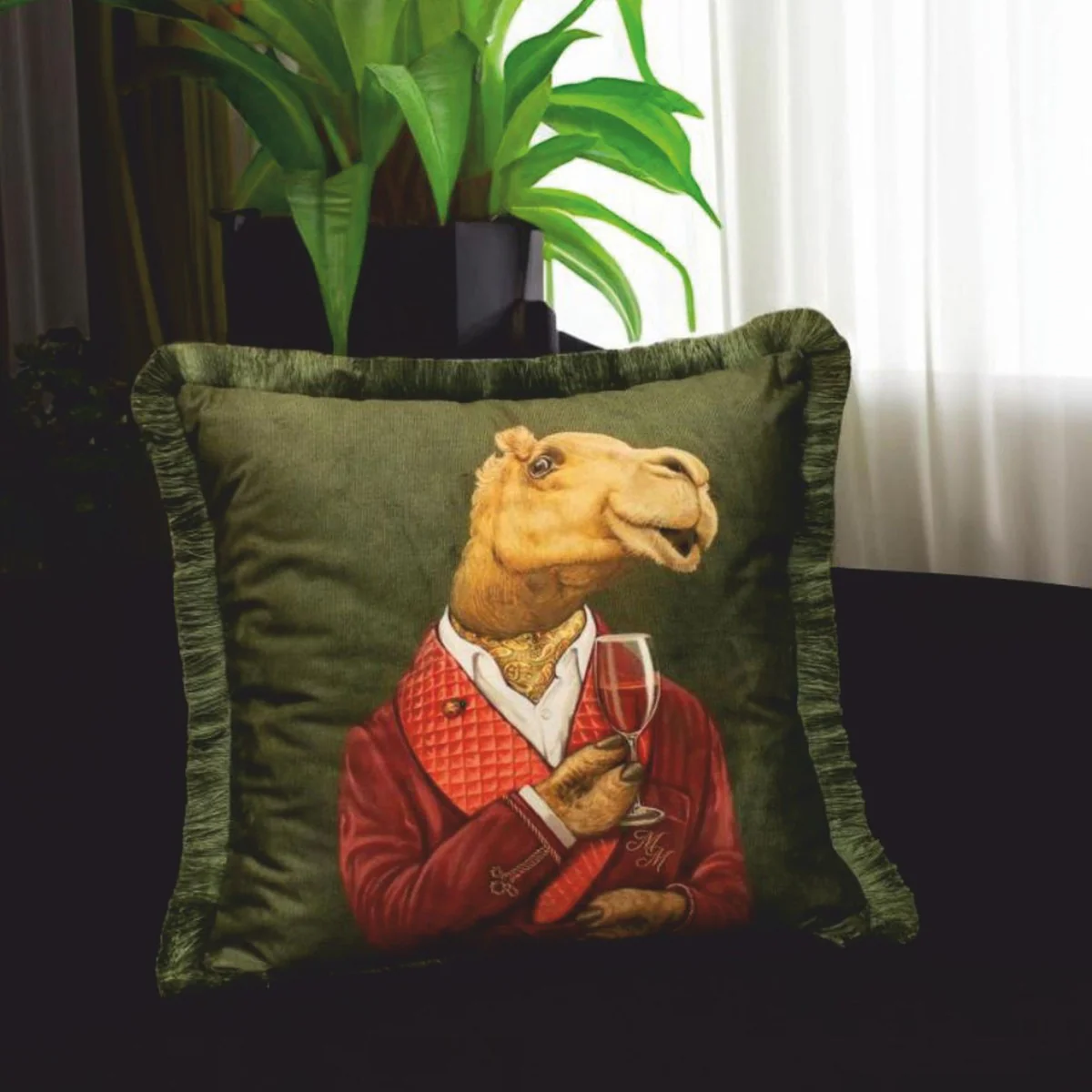 Luxus Deko Samt Kissen Gentleman Kamel Grün 45 x 45 cm