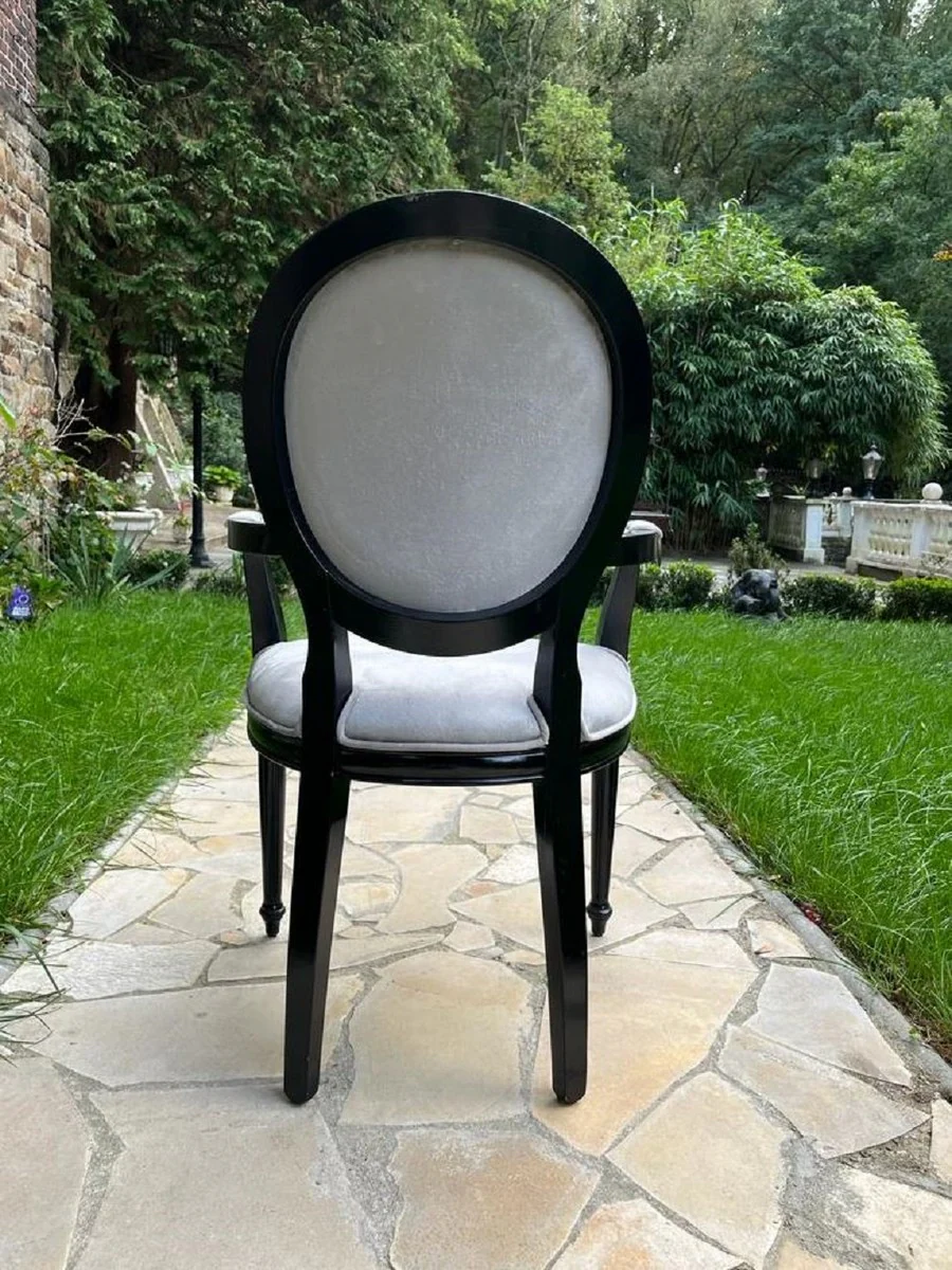 Luxus Barock Esszimmer Stuhl Grau / Schwarz - Handgefertigter Antik Stil Stuhl mit Armlehnen und edlem Samtstoff - Esszimmer Möbel im Barockstil