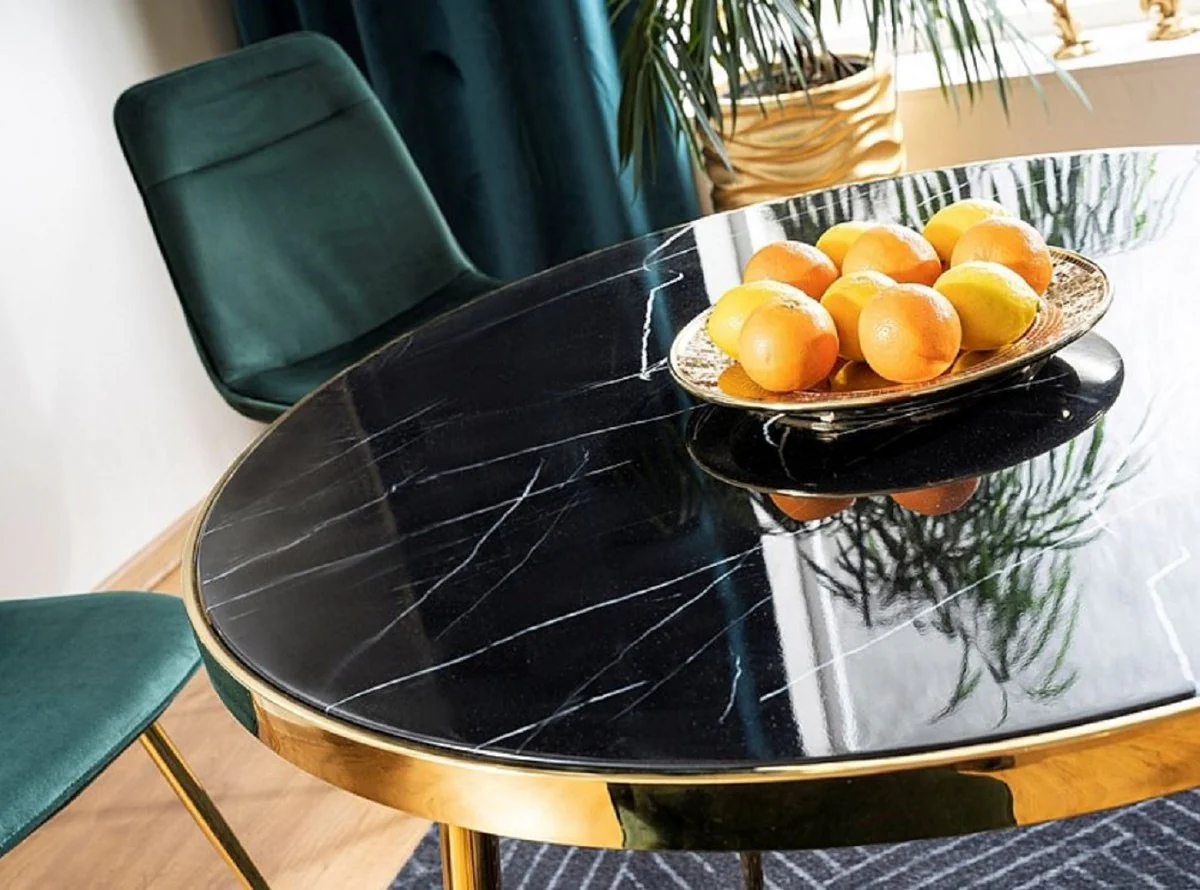 Luxus Esstisch Schwarz / Gold Ø 100 x H. 75 cm - Runder Esszimmertisch mit Glasplatte in Marmoroptik - Esszimmer Möbel - Küchen Möbel