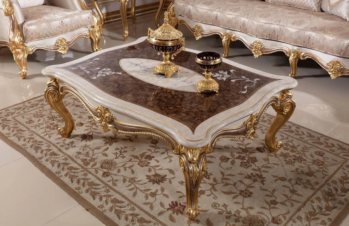 Luxus Barock Couchtisch Weiß / Braun / Gold - Prunkvoller Wohnzimmertisch im Barockstil - Luxus Wohnzimmer Möbel im Barockstil - Barock Möbel - Barock Wohnzimmer Einrichtung