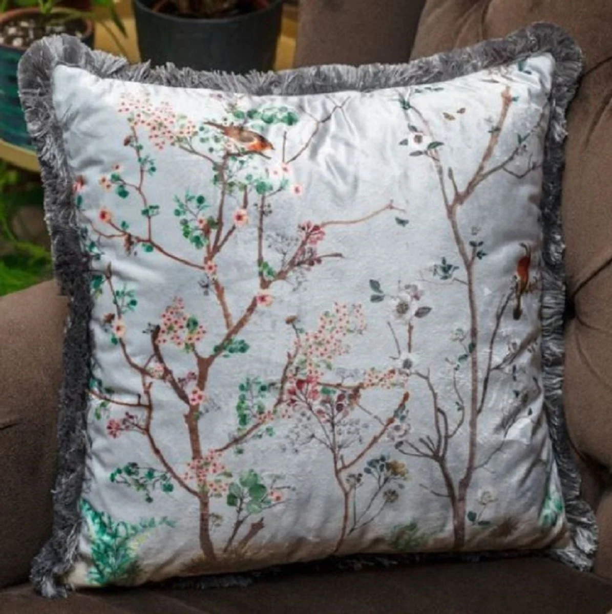 Luxus Deko Kissen Pflanzen & Vögel Grau / Mehrfarbig 45 x 45 cm - Bedrucktes Samt Kissen mit Fransen - Luxus Qualität