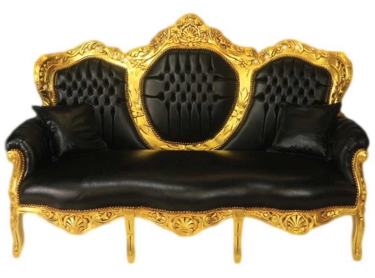 Barock 3er Sofa King Schwarz Lederoptik / Gold - Wohnzimmer Couch Möbel Lounge