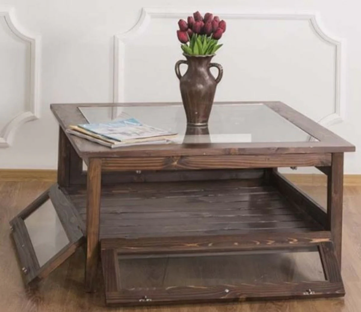 Landhausstil Couchtisch mit Glasplatte Braun 90 x 90 x H. 45 cm - Massivholz Wohnzimmertisch - Wohnzimmermöbel im Landhausstil