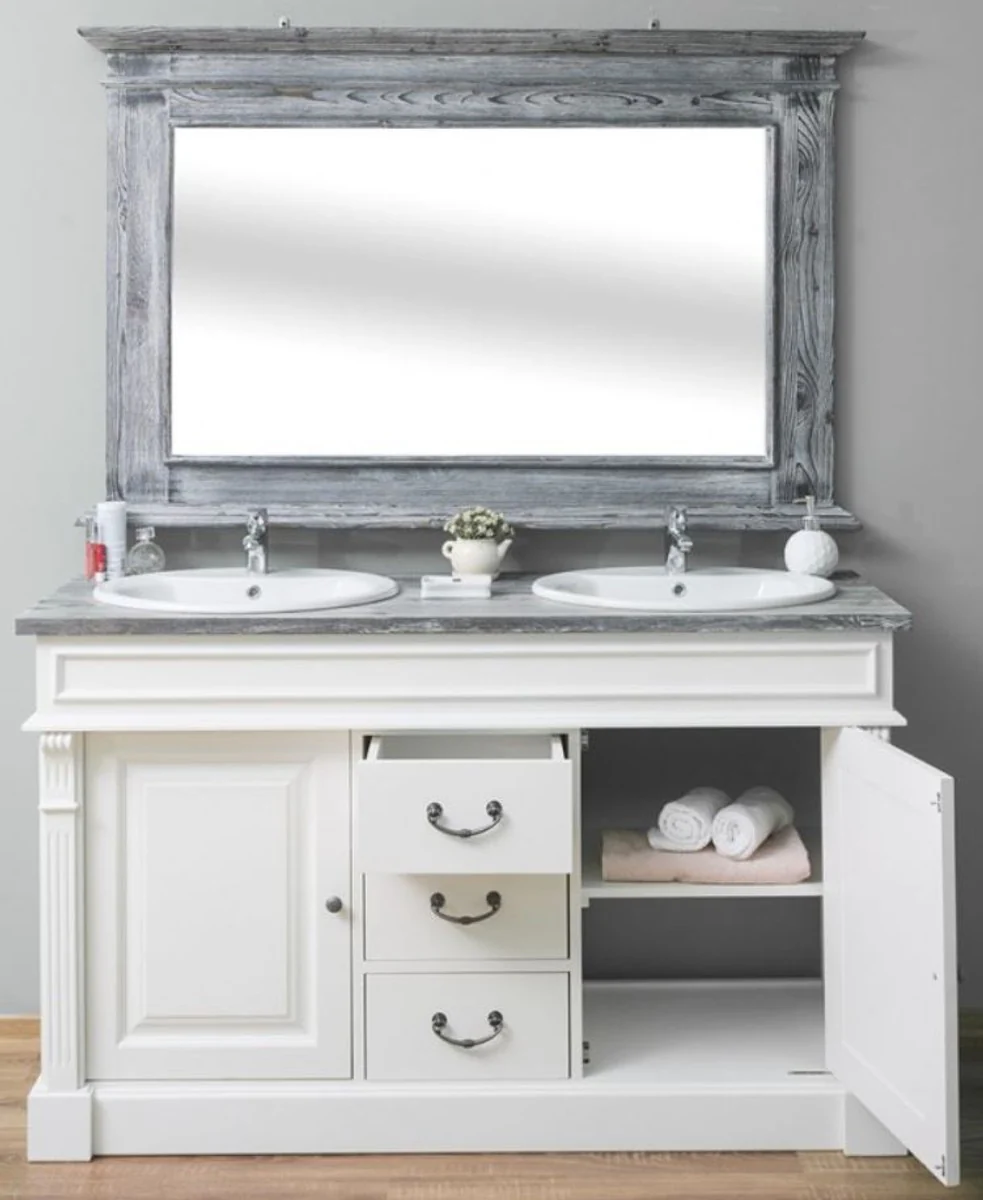 Landhausstil Badezimmer Set Weiß / Grau - 1 Doppelwaschtisch & 1 Wandspiegel - Massivholz Badezimmermöbel im Landhausstil