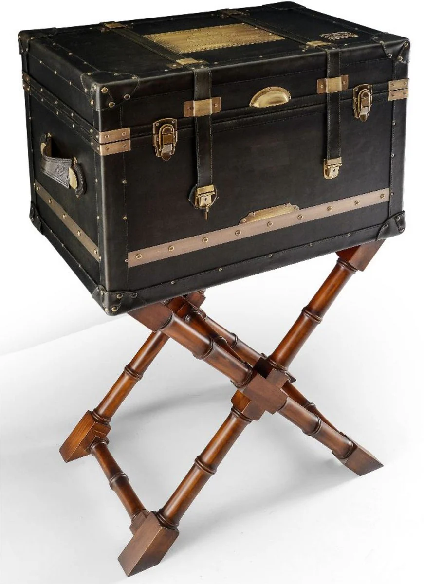 Luxus Minibar in Koffer Optik Schwarz / Braun / Messing 62 x 42 x H. 99 cm - Minibar mit edlem Echtleder - Bar Möbel - Luxus Möbel in Koffer Optik