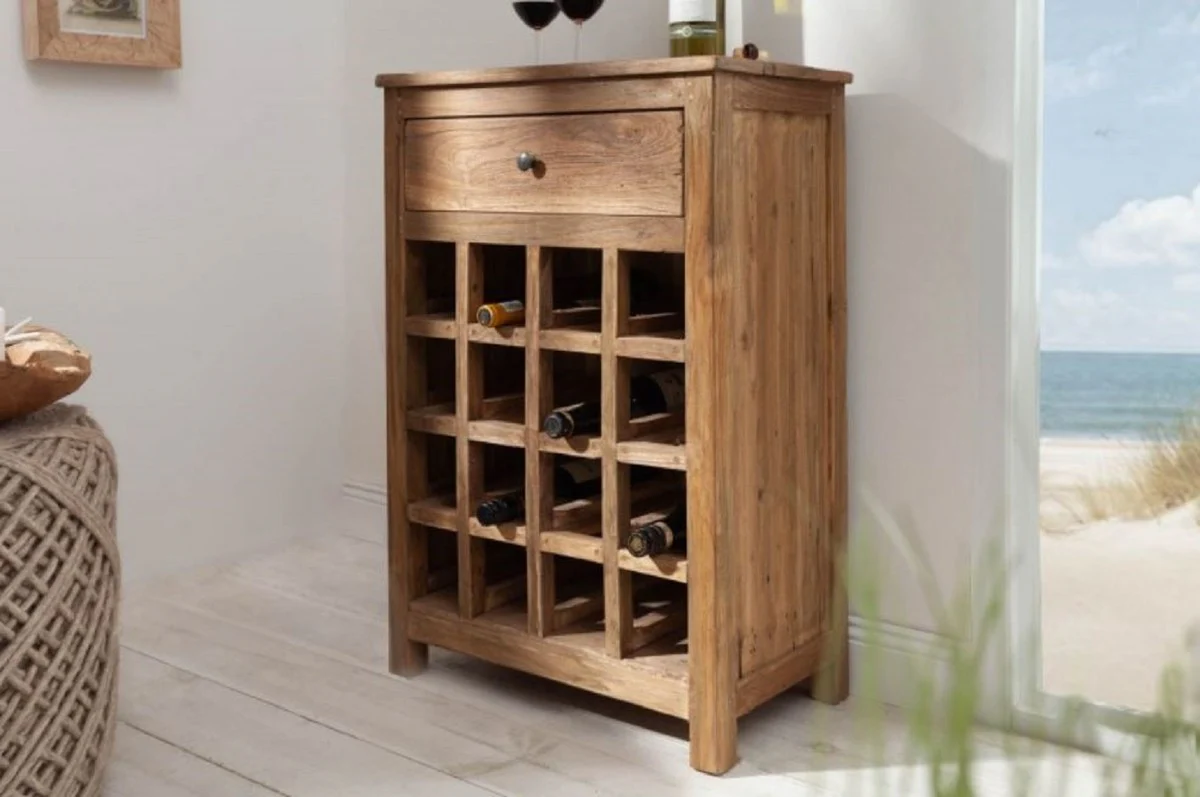 Landhausstil Weinschrank mit Schublade und Weinflaschen Regal Naturfarben 56 x 31 x H. 81 cm - Barschrank aus recyceltem Massivholz - Bar Möbel - Landhausstil Möbel