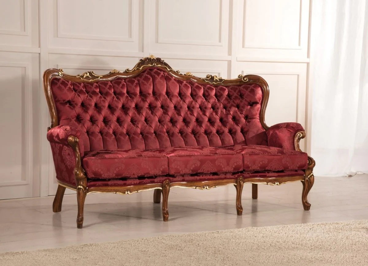 Luxus Barock Wohnzimmer Sofa mit elegantem Muster Bordeauxrot / Braun / Gold 200 x 90 x H. 115 cm - Barockstil Wohnzimmer Möbel - Edel & Prunkvoll