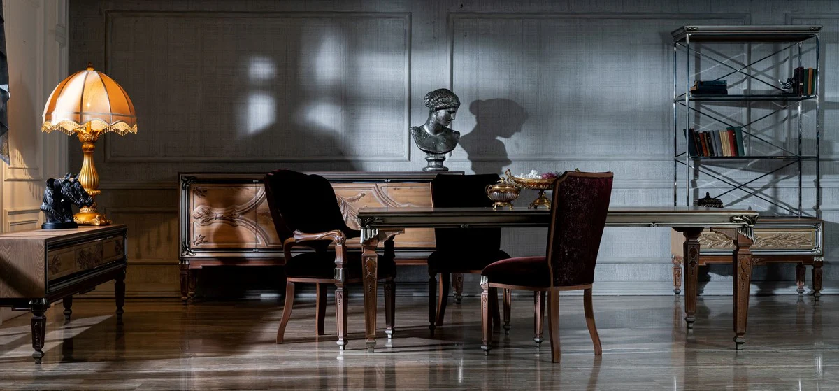 Luxus Barock Esszimmer Set Bordeauxrot / Beige / Silber - 1 Barock Esstisch & 8 Barock Esszimmerstühle - Prunkvolle Esszimmer Möbel im Barockstil