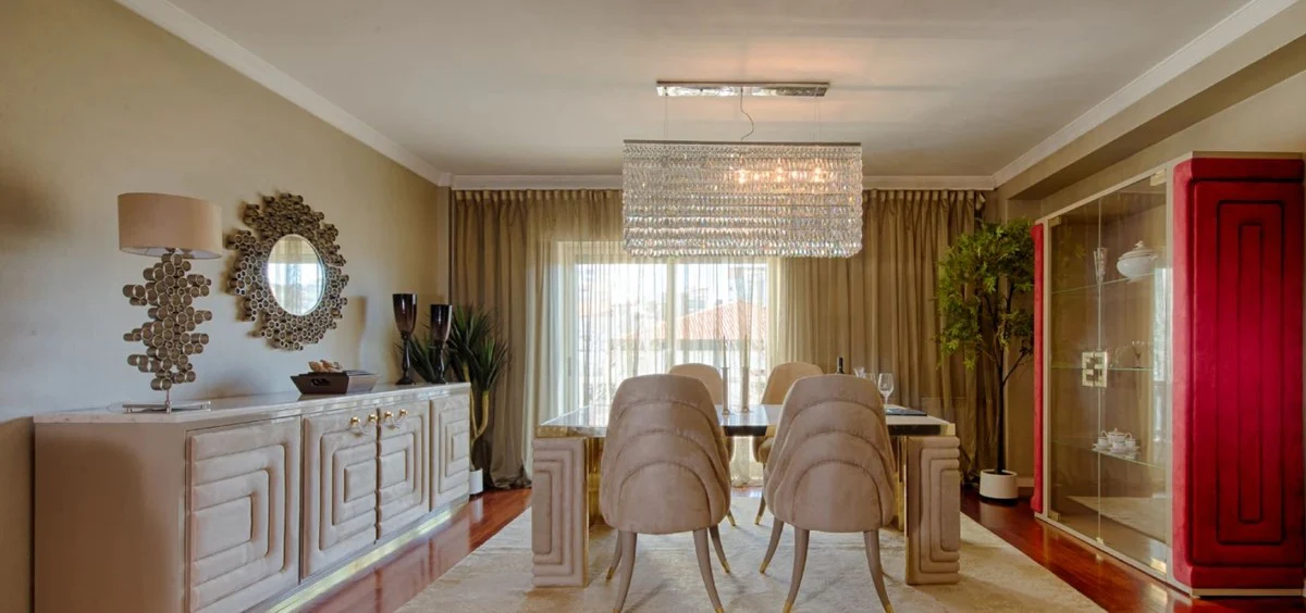 Luxus Esstisch Gold / Taupe / Weiß 200 x 110 x H. 78 cm - Moderner Esszimmertisch mit Estremoz Marmorplatte - Hotel Möbel - Luxus Qualität - Made in Italy