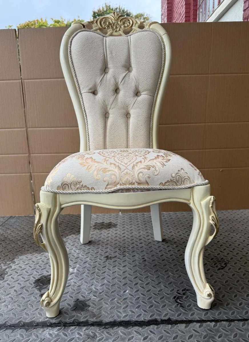 Luxus Barock Esszimmer Stuhl Weiß / Creme / Gold H. 113 cm - Esszimmer Möbel