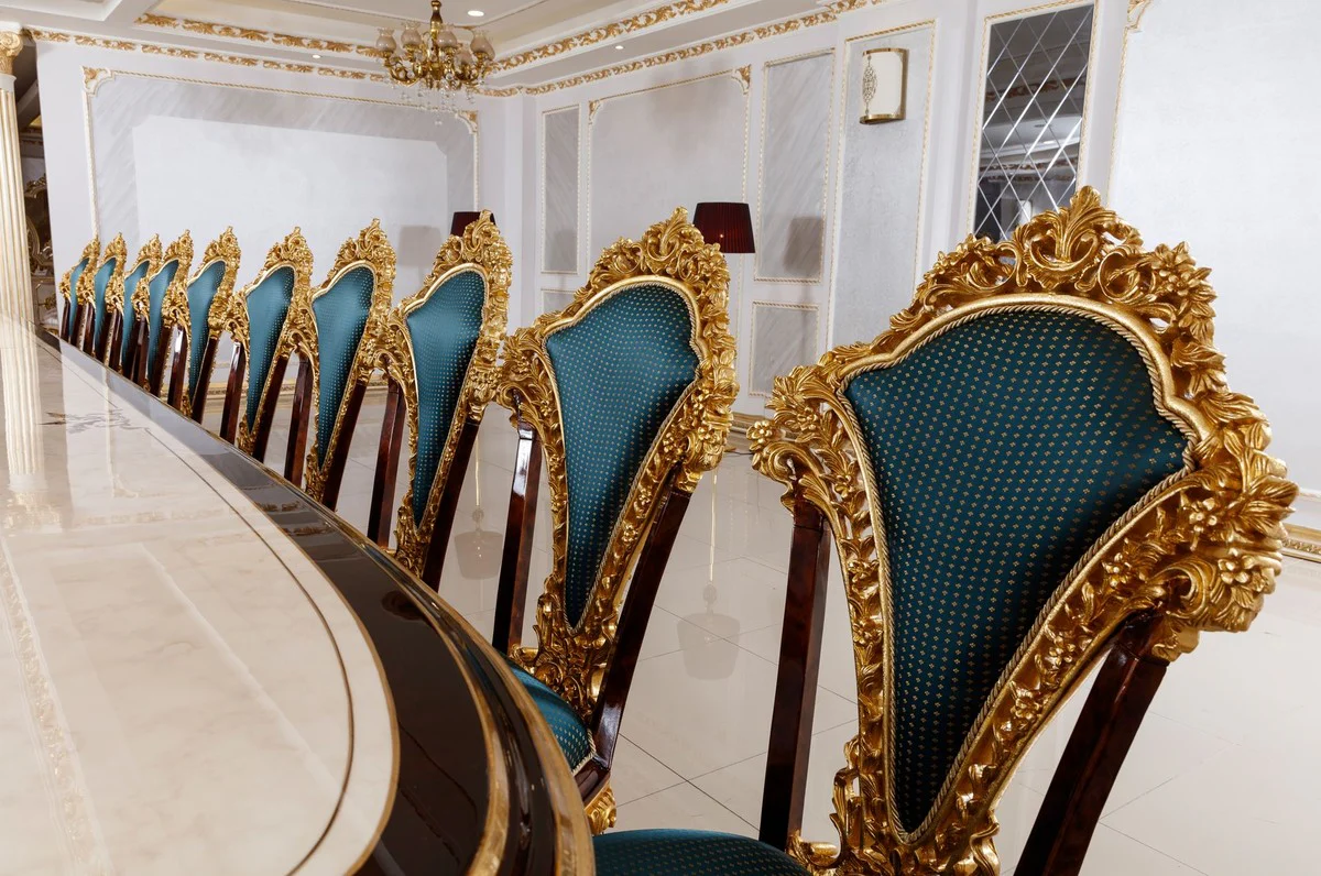 Luxus Barock Esszimmer Set Weiß / Braun / Blau / Gold - 1 Barock Esstisch & 22 Barock Esszimmerstühle - Hotel Möbel - Schloss Möbel - Palast Möbel - Luxus Möbel im Barockstil