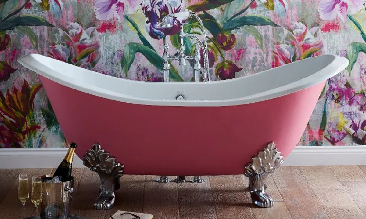 Luxus Jugendstil Badewanne Rosa / Weiß / Silber 180 x 77 x H. 79 cm - Gebogene freistehende Gusseisen Badewanne - Barock & Jugendstil Badezimmer Möbel