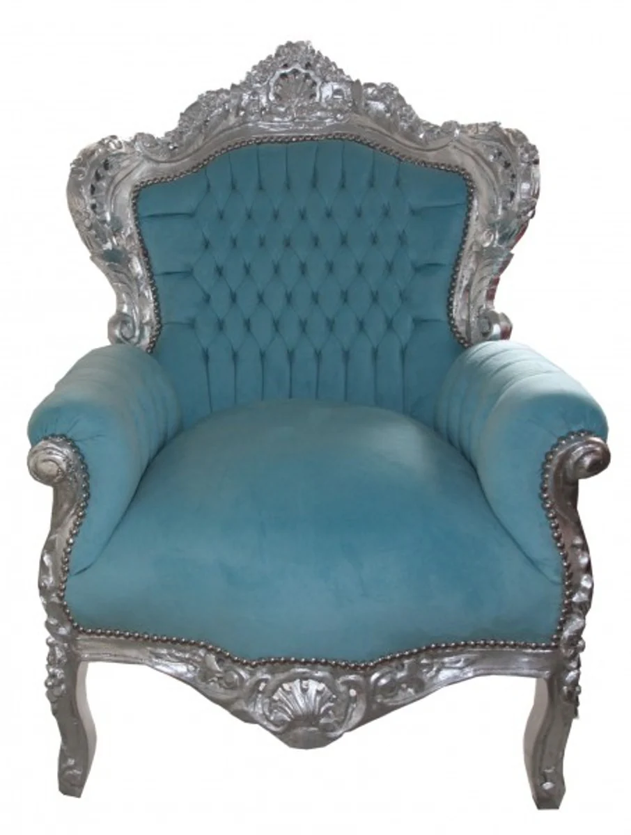 Barock Sessel King Blau / Silber Möbel Antik Stil