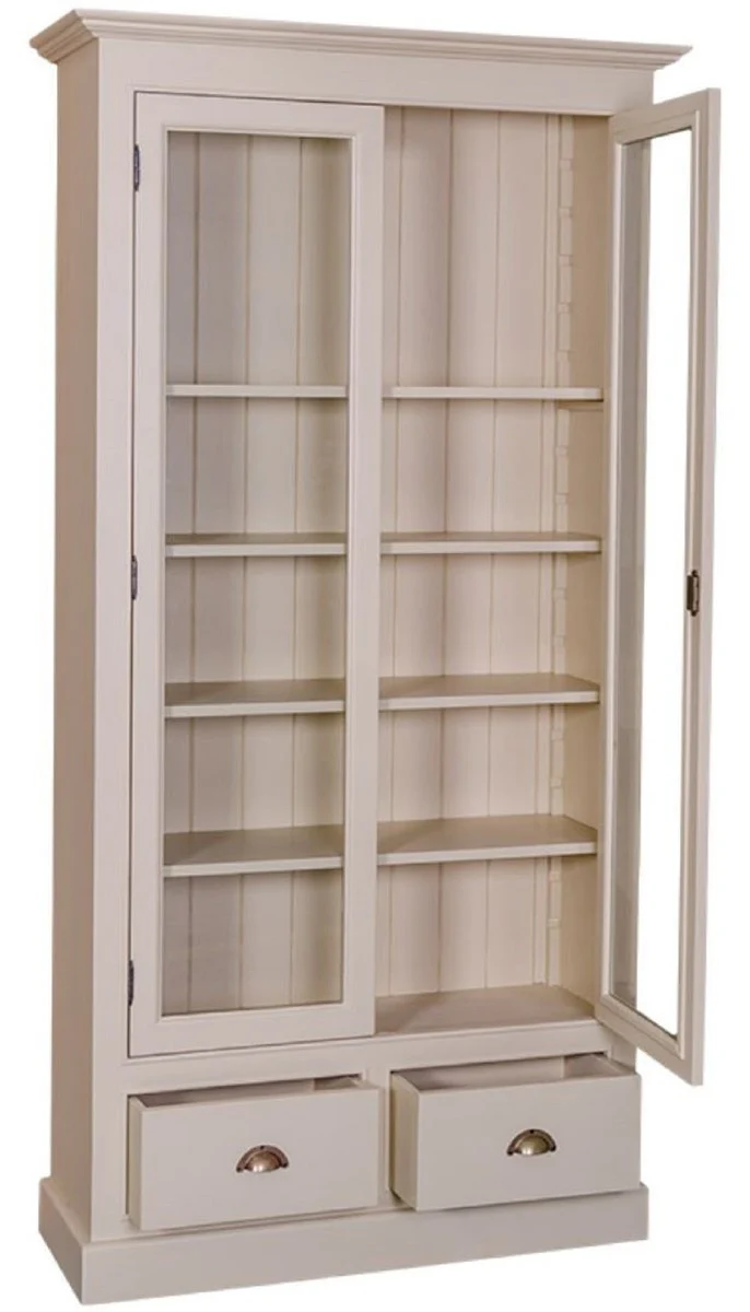 Landhausstil Wohnzimmer Vitrinenschrank Grau 109 x 39 x H. 210 cm - Wohnzimmerschrank mit 2 Glastüren und 2 Schubladen