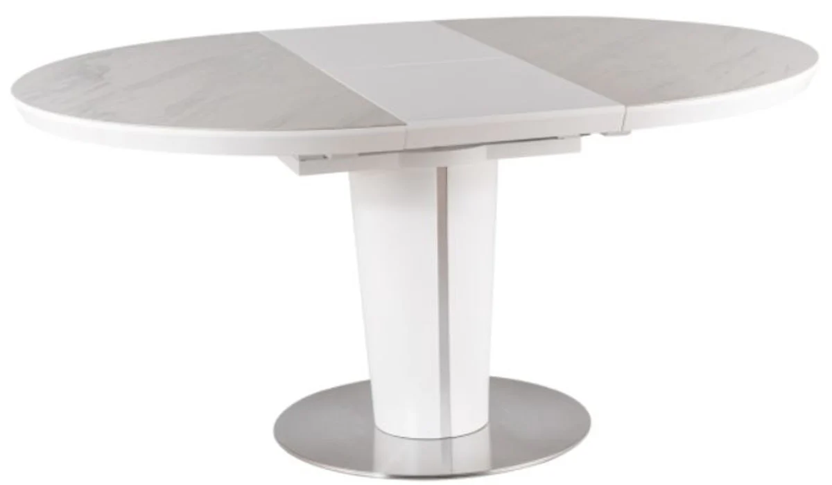 Luxus Esstisch Matt Weiß / Grau / Silber 120-160 x 120 x H. 76 cm - Moderner ausziehbarer Esszimmertisch mit Keramikplatten in Marmoroptik - Küchen Möbel