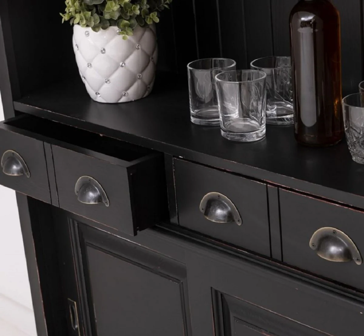 Landhausstil Massivholz Barschrank Antik Schwarz 151 x 36 x H. 210 cm - Massivholz Weinschrank im Landhausstil - Massivholz Bar Möbel - Landhausstil Bar Möbel