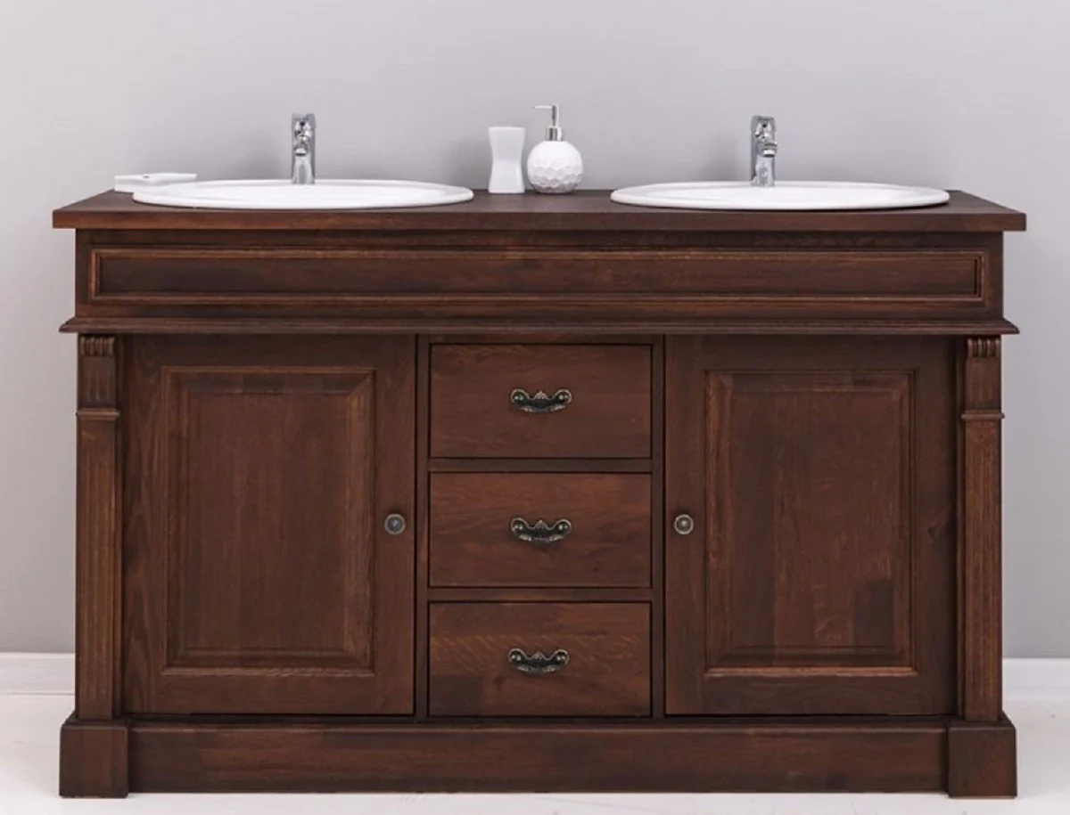 Landhausstil Doppel Waschbeckenschrank mit 2 Keramik Waschbecken Dunkelbraun / Weiß 150 x 51 x H. 91 cm - Massivholz Badezimmer Möbel im Landhausstil - Landhausstil Möbel