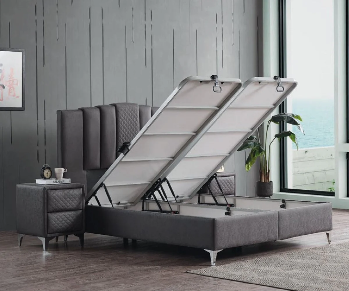 Luxus Doppelbett Grau / Weiß / Silber 180 x 200 cm - Massivholz Bett mit Kopfteil und Matratze - Schlafzimmer Möbel - Hotel Möbel - Luxus Möbel - Luxus Einrichtung