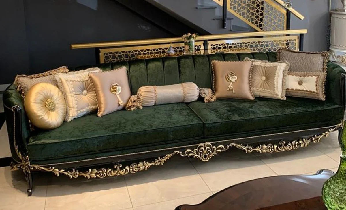 Luxus Barock Sofa Dunkelgrün / Schwarz / Gold - Prunkvolles Wohnzimmer im Barockstil - Barock Wohnzimmer Möbel - Edel & Prunkvoll