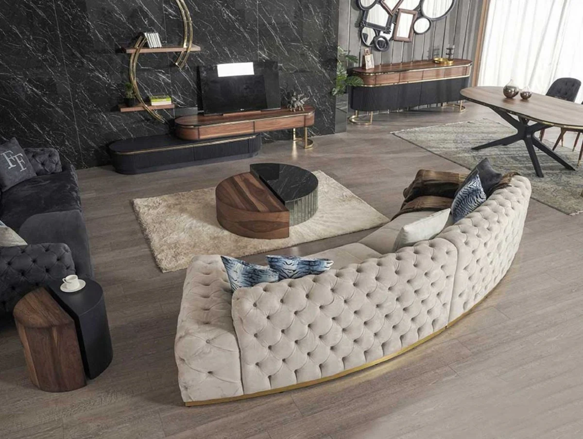 Luxus Chesterfield Sofa Grau / Gold 380 x 100 x H. 72 cm - Gebogenes Wohnzimmer Sofa - Hotel Sofa - Wohnzimmer Möbel - Chesterfield Möbel - Luxus Möbel - Luxus Einrichtung