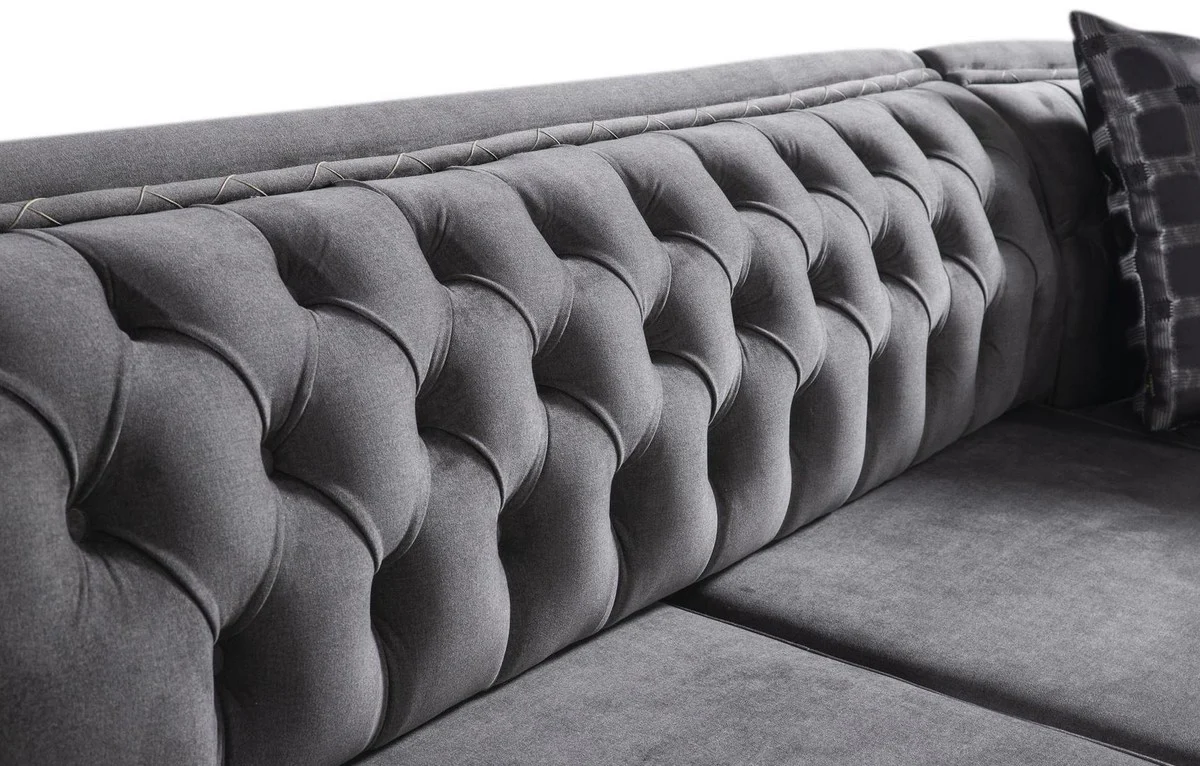 Luxus Art Deco Chesterfield Ecksofa Grau / Schwarz / Gold 320 x 285 x H. 82 cm - Edles Wohnzimmer Sofa mit dekorativen Kissen - Luxus Qualität