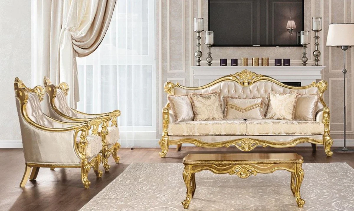 Luxus Barock Wohnzimmer Set Beige / Gold - 2 Barock Sofas mit Muster & 2 Barock Sessel mit Muster & 1 Barock Couchtisch - Barock Wohnzimmer Möbel