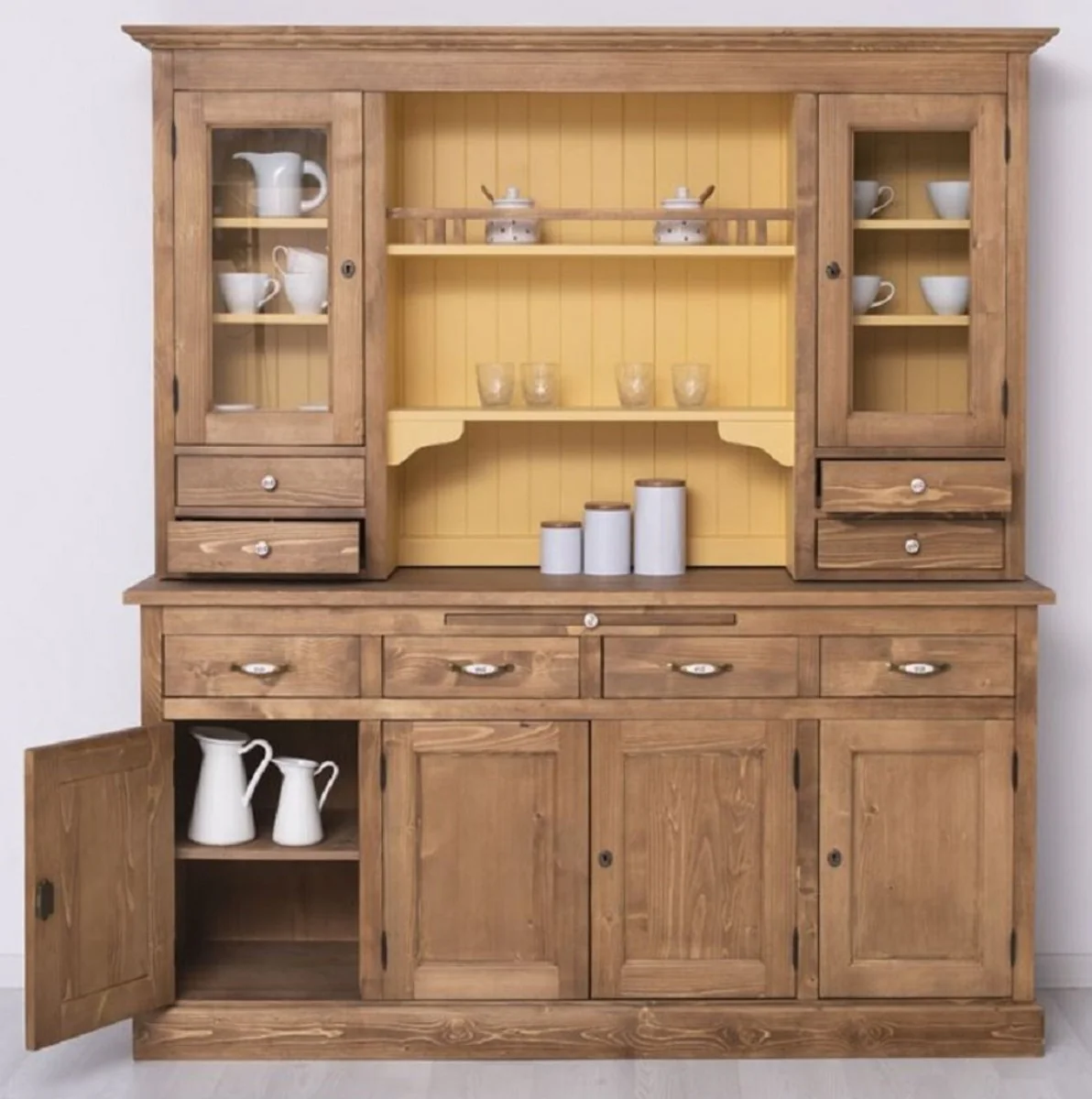 Landhausstil Esszimmerschrank Braun / Gelb 180 x 50 x H. 197 cm - Massivholz Küchenschrank - Esszimmermöbel im Landhausstil - Landhausstil Esszimmer Einrichtung