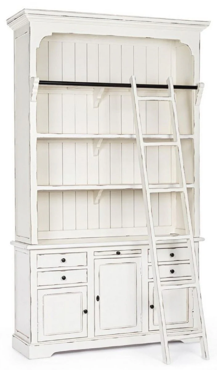 Landhausstil Schrank mit Leiter Antik Weiß 143,5 x 40,6 x H. 233,7 cm - Bücherschrank - Regalschrank - Wohnzimmerschrank - Büroschrank - Landhausstil Möbel