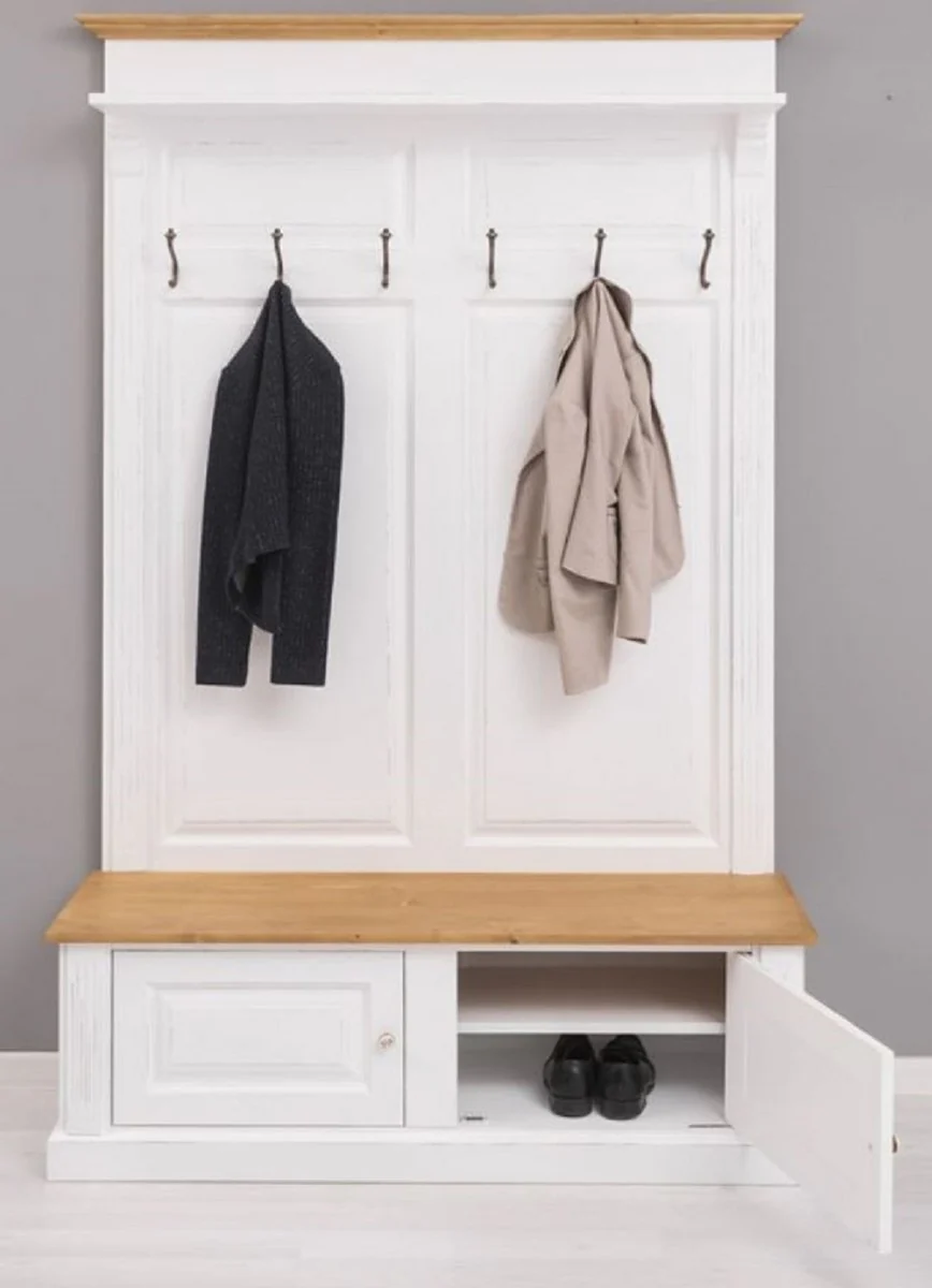 Landhausstil Massivholz Garderobenschrank Weiß / Naturfarben 140 x 41 x H. 210 cm - Wand Garderobe - Flur Schrank - Flurmöbel - Garderobenmöbel - Landhausstil Möbel