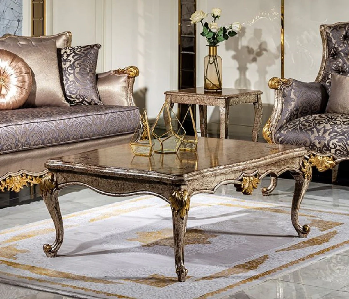 Luxus Barock Couchtisch Antik Silber / Braun / Gold - Handgefertigter Massivholz Wohnzimmertisch im Barockstil - Edle Barock Wohnzimmer Möbel