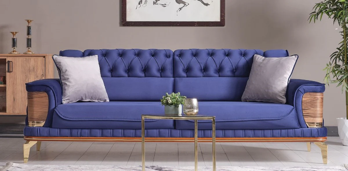 Luxus Schlafsofa Blau / Braun / Gold 232 x 92 x H. 85 cm - Wohnzimmer Sofa mit 2 Kissen - Luxus Wohnzimmer Möbel