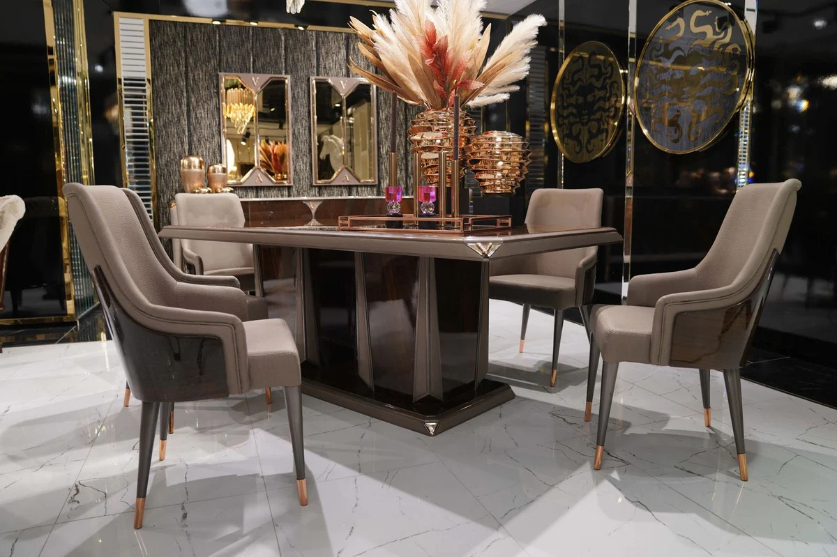 Luxus Esszimmer Set Dunkelbraun / Grau / Kupfer - 1 Luxus Esstisch & 6 Luxus Esszimmerstühle - Esszimmer Möbel - Luxus Möbel - Luxus Einrichtung - Esszimmer Einrichtung