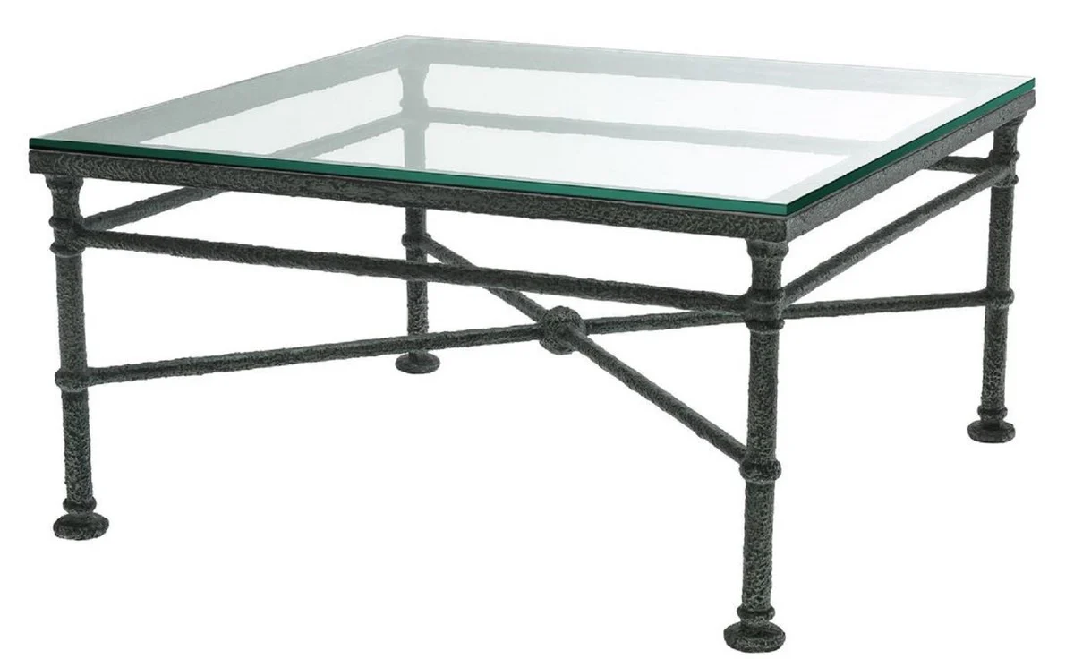 Luxus Couchtisch Schwarz verwittert 85 x 85 x H. 44,5 cm - 4-eckiger Wohnzimmertisch mit Glasplatte - Luxus Wohnzimmer Möbel