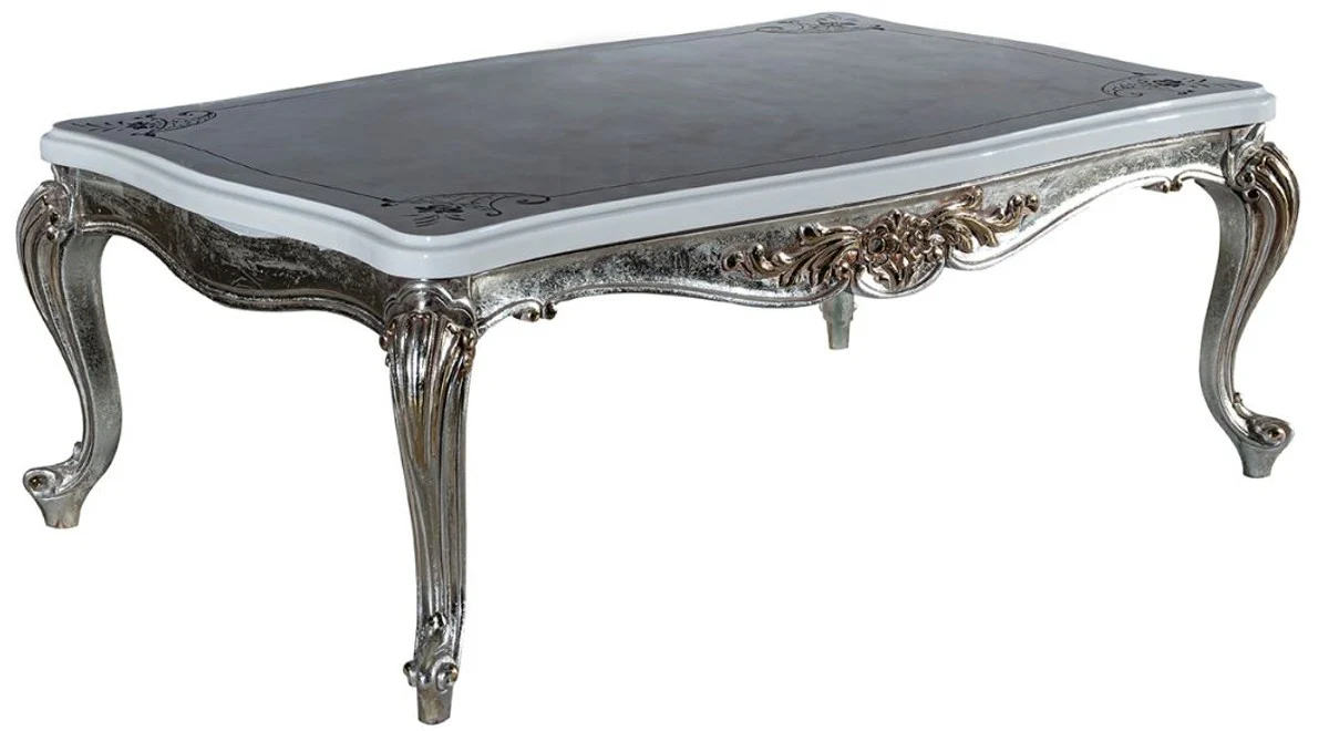 Luxus Barock Couchtisch Weiß / Silber / Gold 120 x 81 x H. 46 cm - Massivholz Wohnzimmertisch - Wohnzimmer Möbel im Barockstil