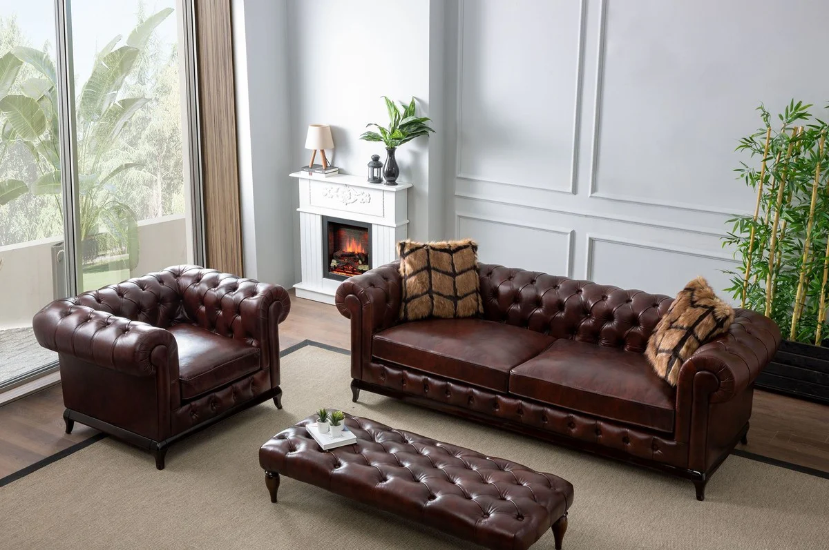 Luxus Chesterfield Kunstleder Sofa Dunkelbraun 235 x 90 x H. 75 cm - Wohnzimmer Sofa - Wohnzimmer Möbel - Luxus Möbel - Wohnzimmer Einrichtung - Luxus Einrichtung - Möbel Luxus