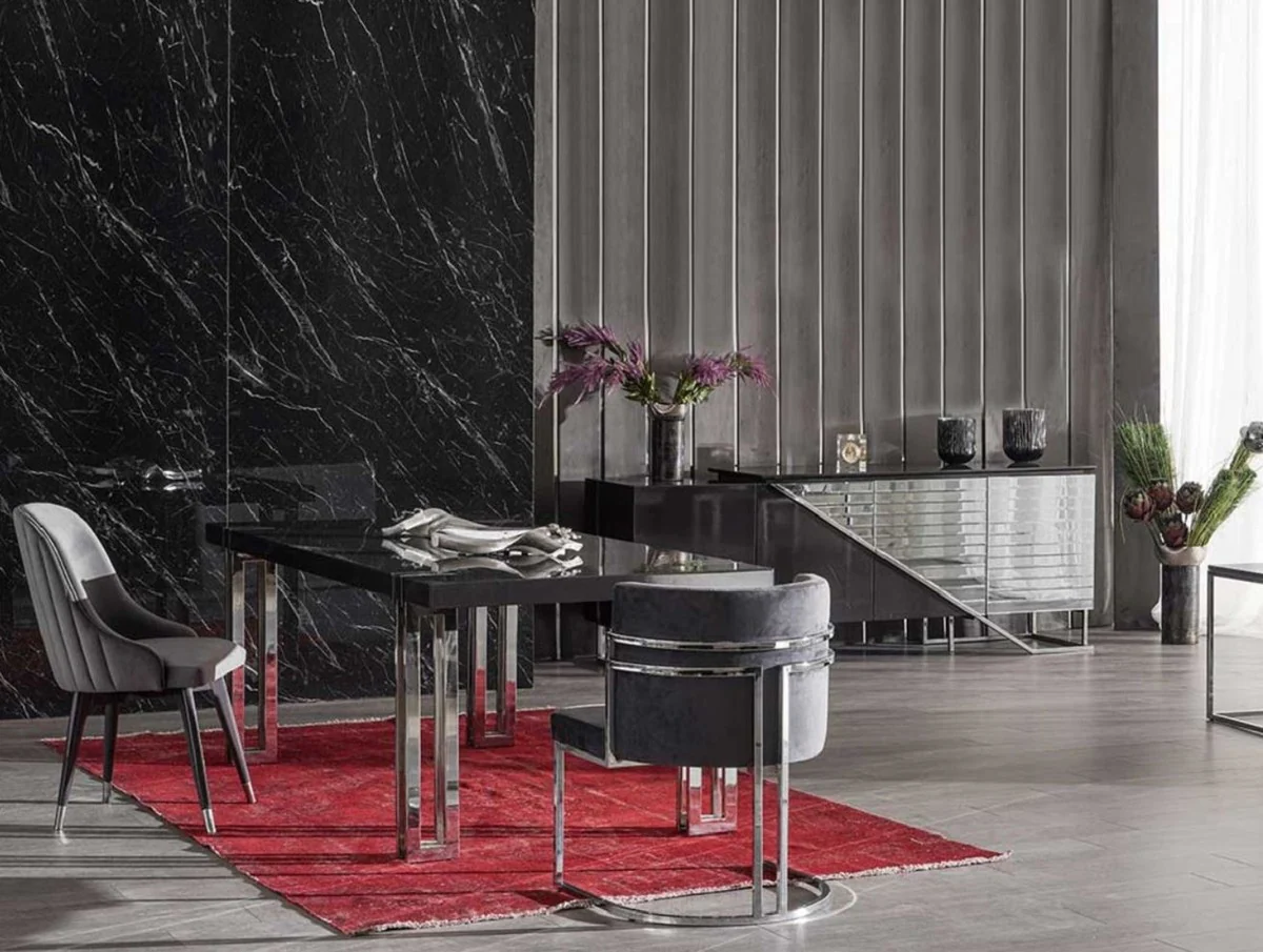 Luxus Esstisch Schwarz / Silber 220 x 100 x H. 77 cm - Rechteckiger Küchentisch mit Massivholz Tischplatte und Metallbeinen - Esszimmer Möbel - Küchen Möbel - Luxus Möbel