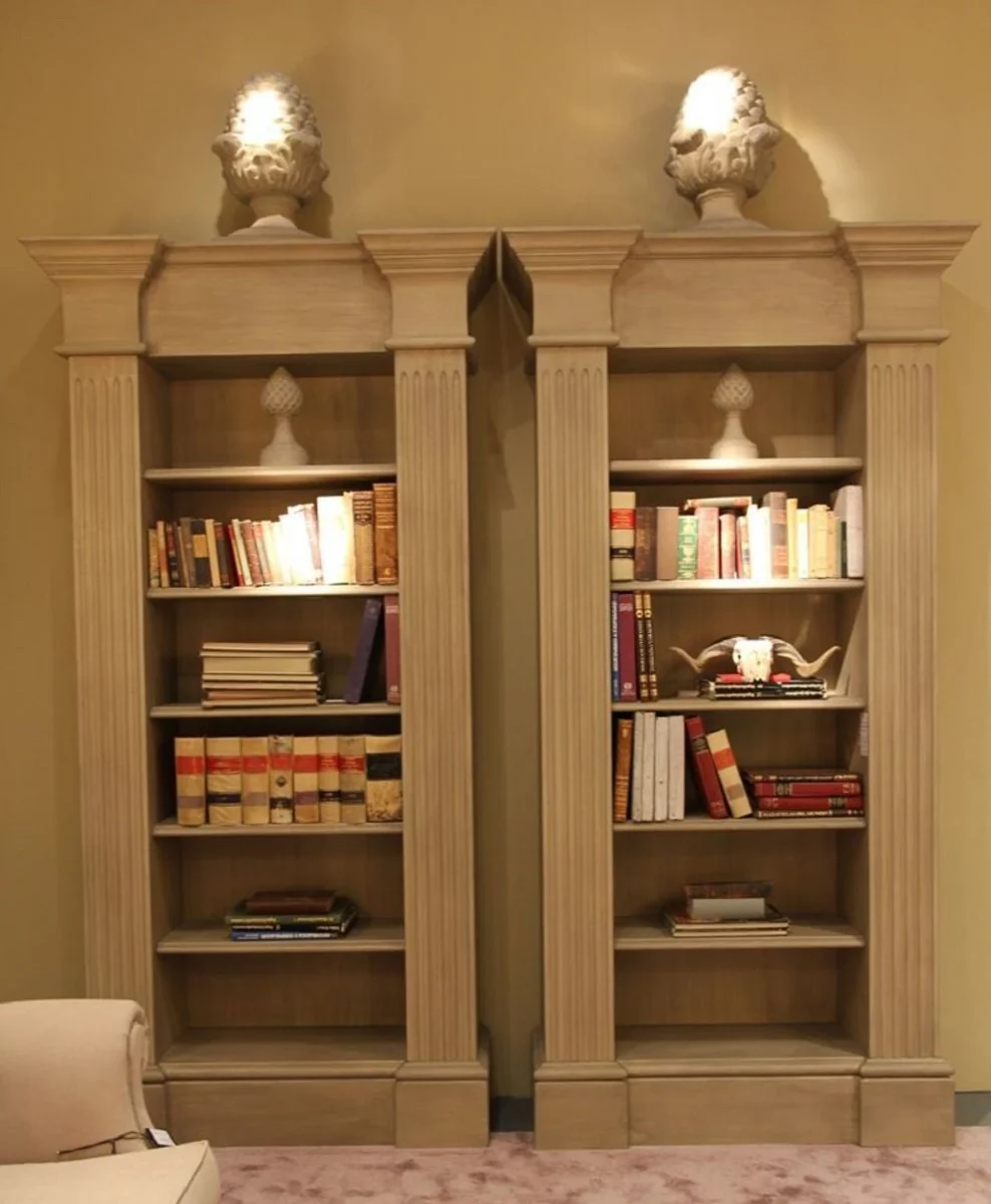 Luxus Landhausstil Bücherschrank Beige - Handgefertigter Massivholz Schrank - Regalschrank - Edle Landhausstil Massivholz Möbel