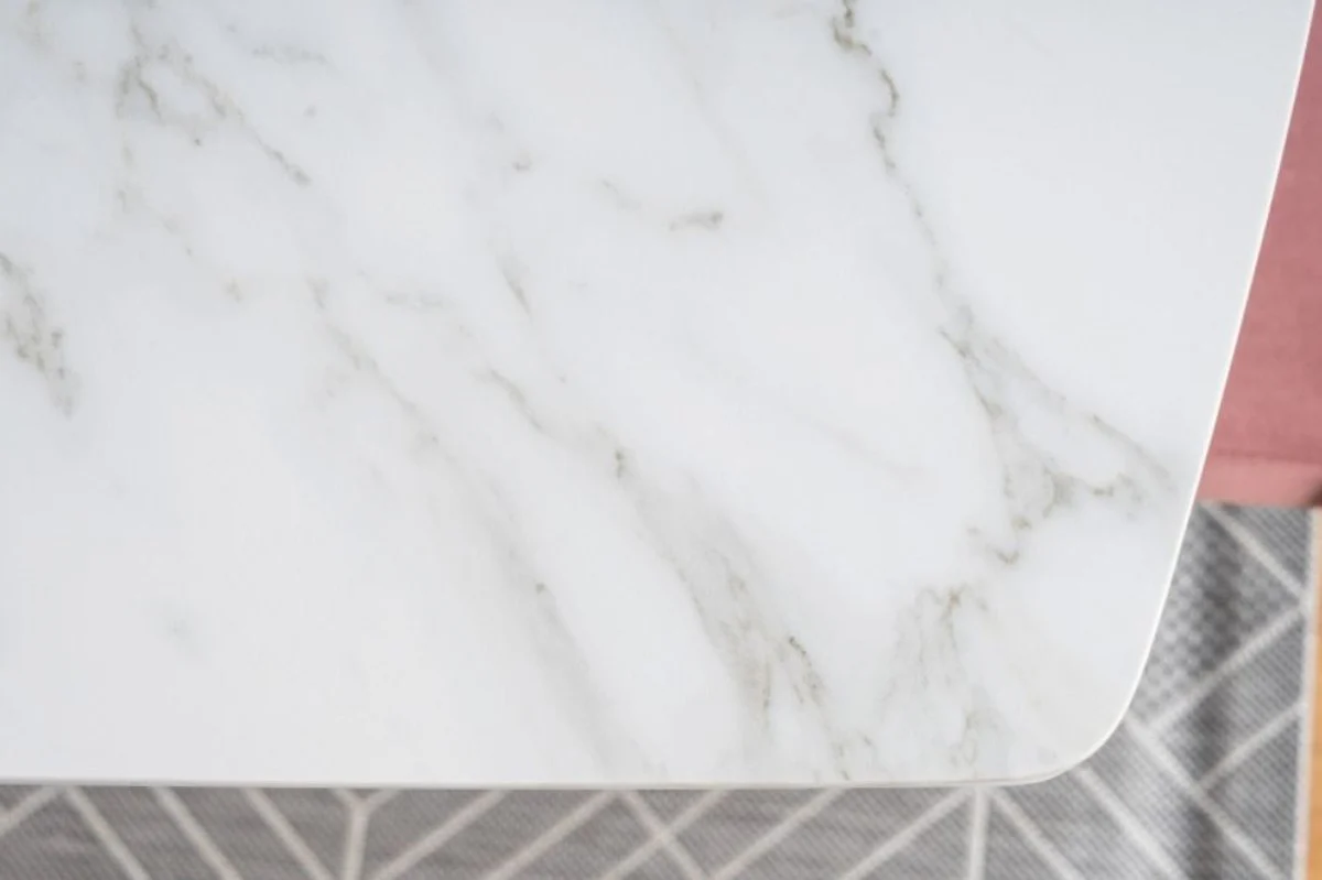 Luxus Esstisch Weiß / Matt Weiß / Silber 160-210 x 90 x H. 76 cm - Moderner ausziehbarer Esszimmertisch mit Keramikplatten in Marmoroptik - Esszimmer Möbel