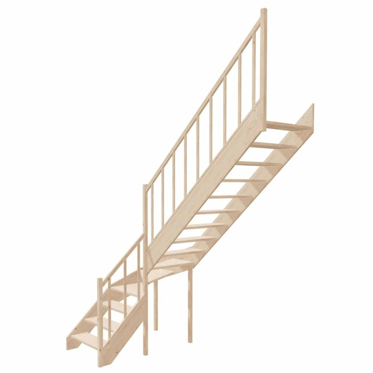 Luxus Eck-Holztreppe mit Geländer rechte Seite Naturfarben H. 304 cm
