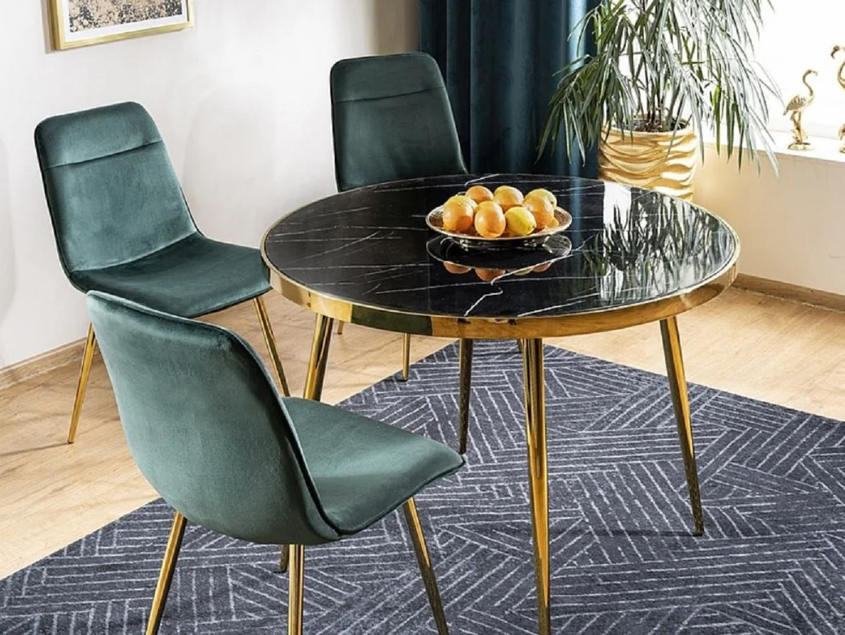Luxus Esstisch Schwarz / Gold Ø 100 x H. 75 cm - Runder Esszimmertisch mit Glasplatte in Marmoroptik - Esszimmer Möbel - Küchen Möbel