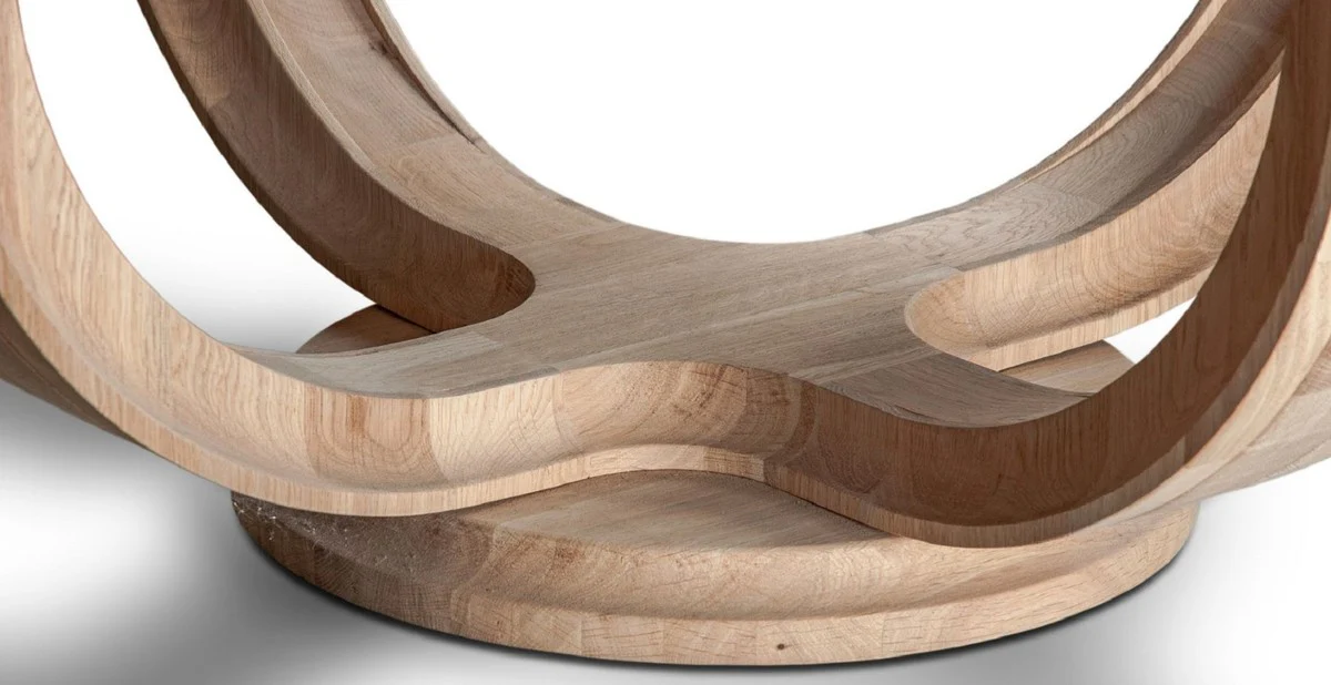 Luxus Massivholz Couchtisch Naturfarben Ø 73 x H. 43 cm - Runder Eichenholz Wohnzimmertisch mit Glasplatte - Massivholz Wohnzimmer Möbel