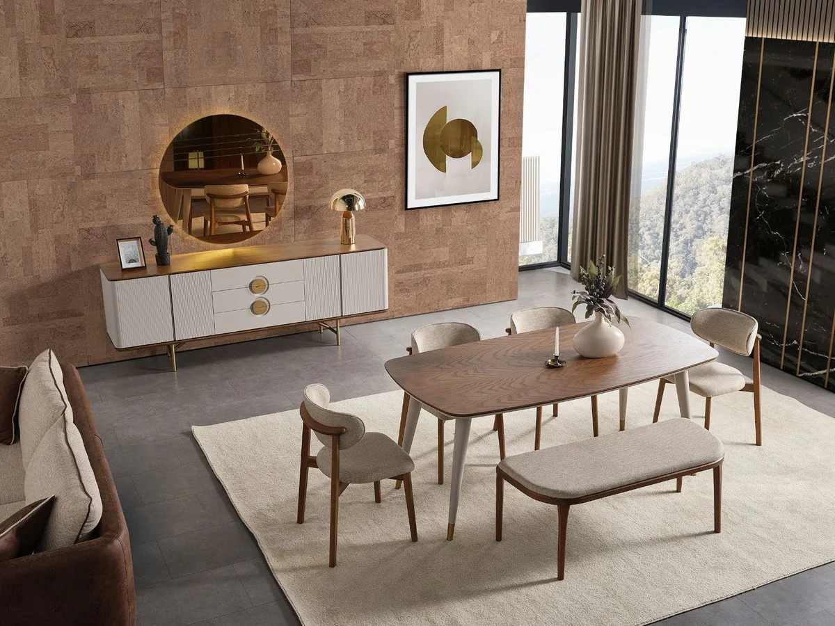 Luxus Esszimmer Set Grau / Braun - 1 Luxus Esstisch & 4 Luxus Esszimmerstühle & 1 Luxus Sitzbank - Esszimmer Möbel - Luxus Möbel - Luxus Einrichtung - Esszimmer Einrichtung