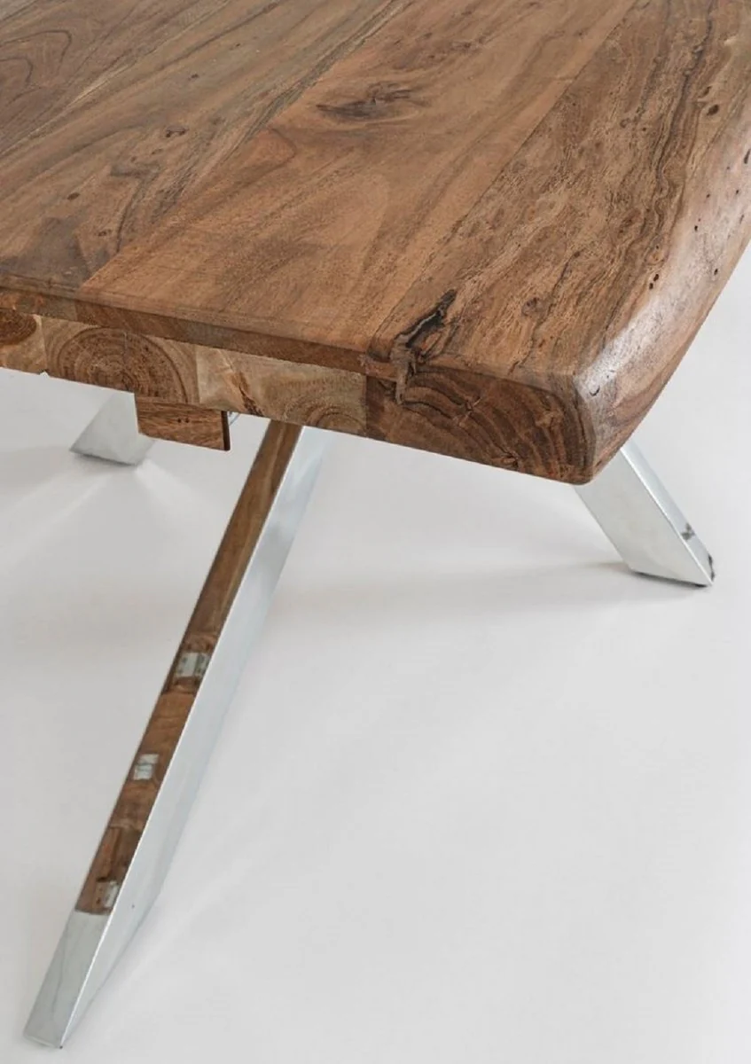 Luxus Esstisch Braun / Silber 180-260 x 90 x H. 77 cm - Ausziehbarer Küchentisch mit Massivholz Tischplatte und Edelstahl Beinen - Esszimmer Möbel - Küchen Möbel - Luxus Möbel