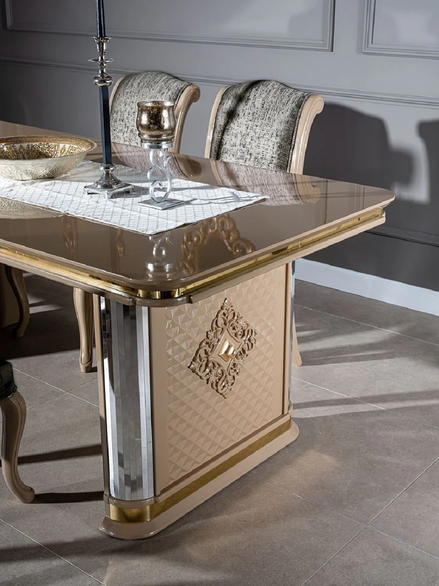 Luxus Art Deco Esszimmer Set Beige / Gold - 1 Esstisch & 6 Esszimmerstühle - Handgefertigte Art Deco Esszimmer Möbel